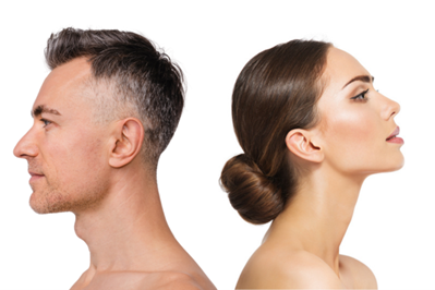 Man and woman back to back with a jawline